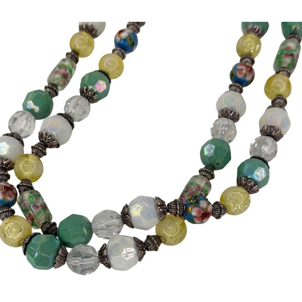 Vintage 1980s 48” Long Beaded Necklace Wrap Style Art Glass Silvertone - Picture 5 of 9